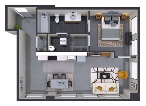 Floor plan for 1 bed, 1 bath, 578 sqft